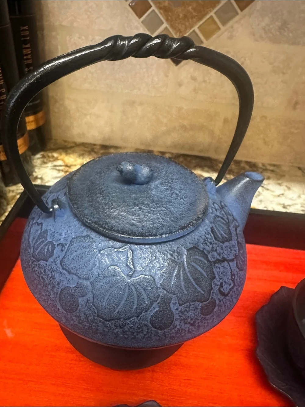 TeaVana Blue Cast Iron Teapot & Cups w/Floral Design & Black & Red Lacquer Tray